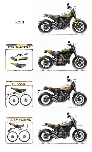 Os quatro modelos de Scrambler disponíveis. No pequeno quadro à esq., os itens que as diferenciam