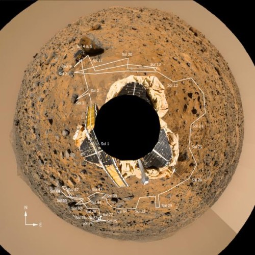 Foto de 360 graus em torno da sonda Pathfinder mostrando a trajetória de pesquisa do rover Sojourner (Fonte: NASA)