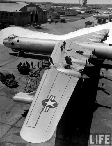 sacs-b-36-bomber-plane-getting-a-thorough-going-over-by-maintenance-mechanics-on-airstrip-outside-hangars-at-strategic-air-commands-carswell-air-force-base