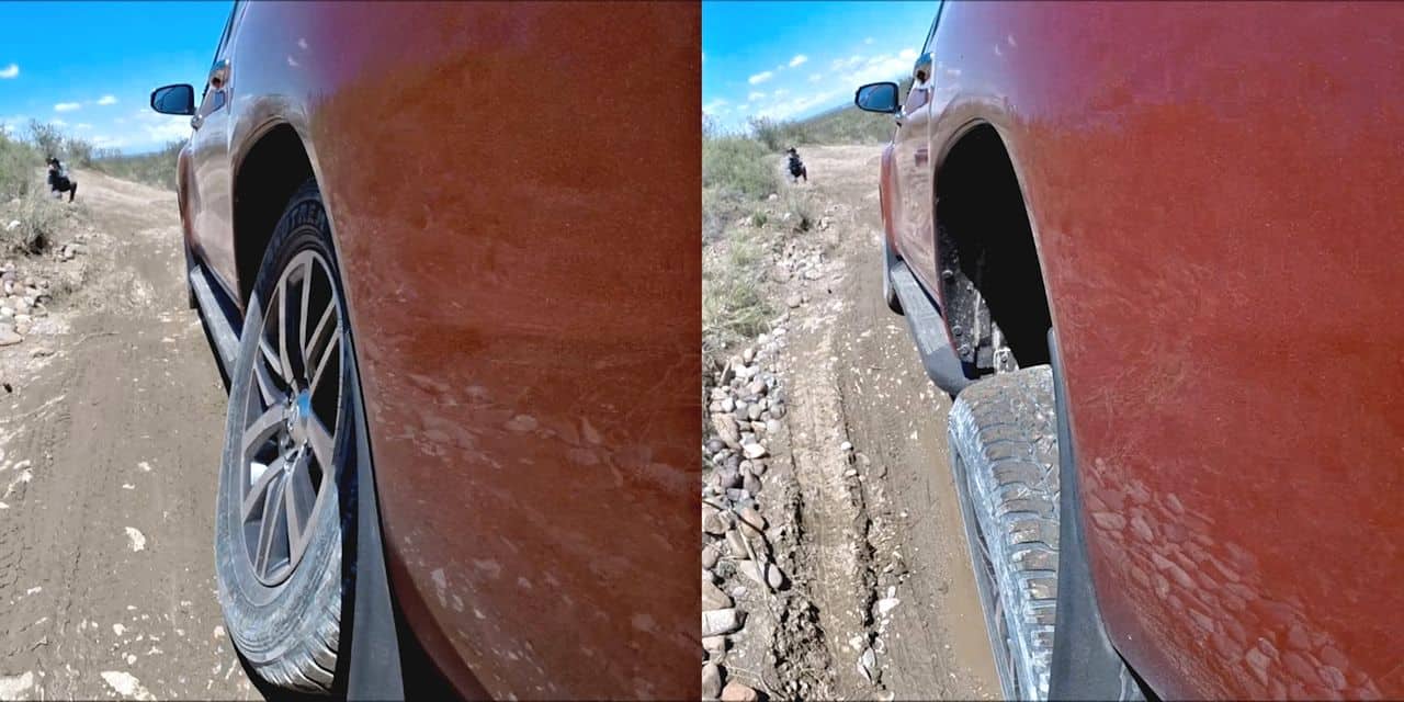 O curso da suspensão traseira de 520 mm contribui para manter o contato dos pneus com o solo mesmo em desníveis impensáveis