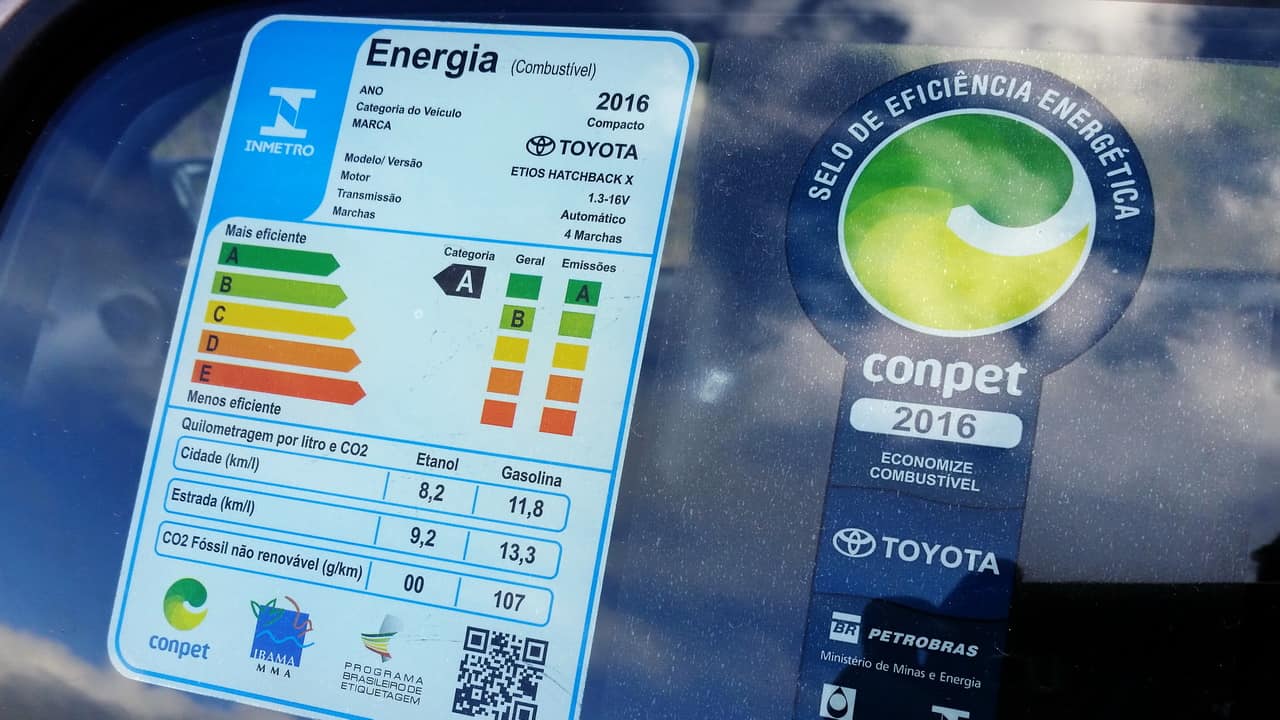 Etiqueta de eficiência, no caso do Toyota Etios 