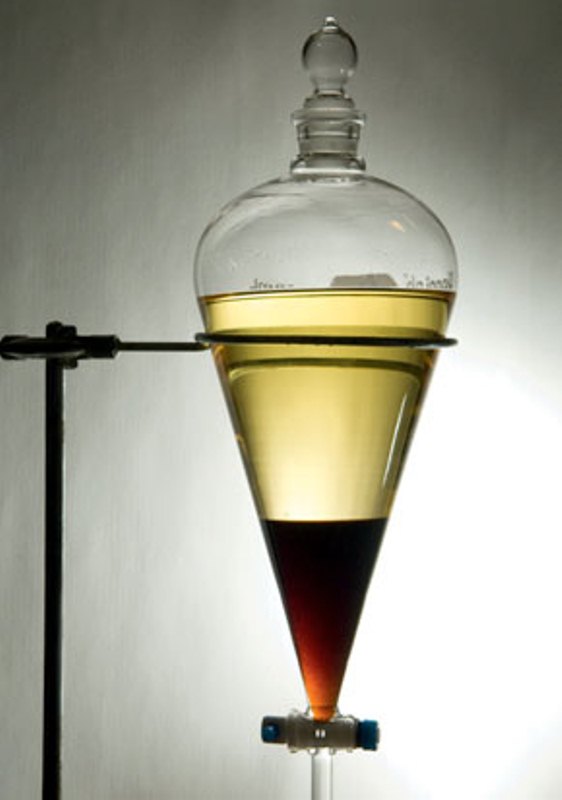 A separação em fases do óleo vegetal: embaixo, a glicerina, acima, biodiesel (revistapesquisa.fapesp.br)